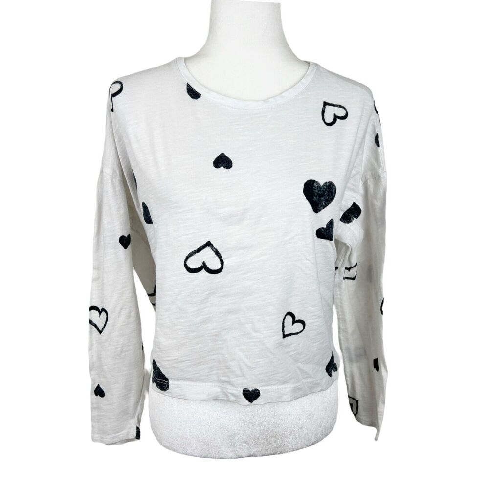 RACHEL Rachel Roy Long Sleeve Shirt Women Large White Black Hearts AOP Casual